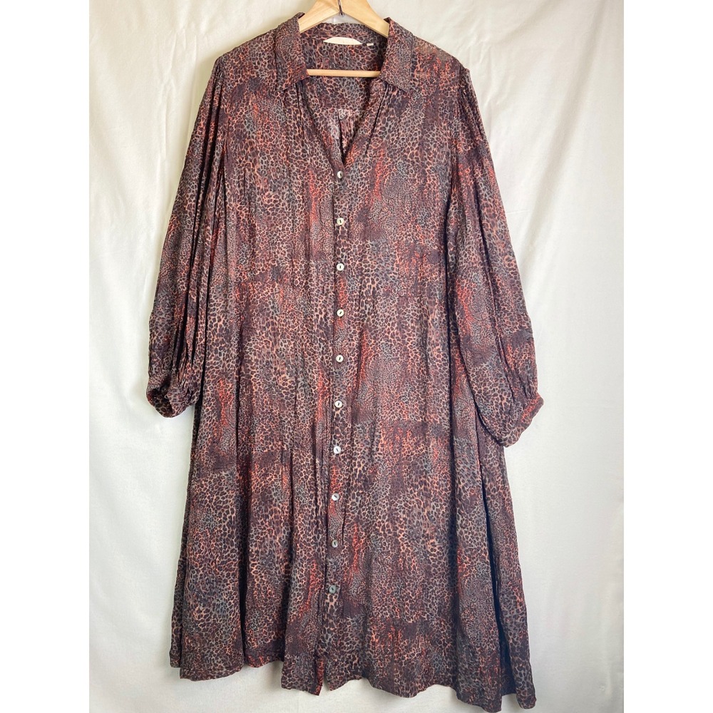 Soft Surroundings Leopard Print Shirt Dress XL Button Front Midi Boho Semi Sheer